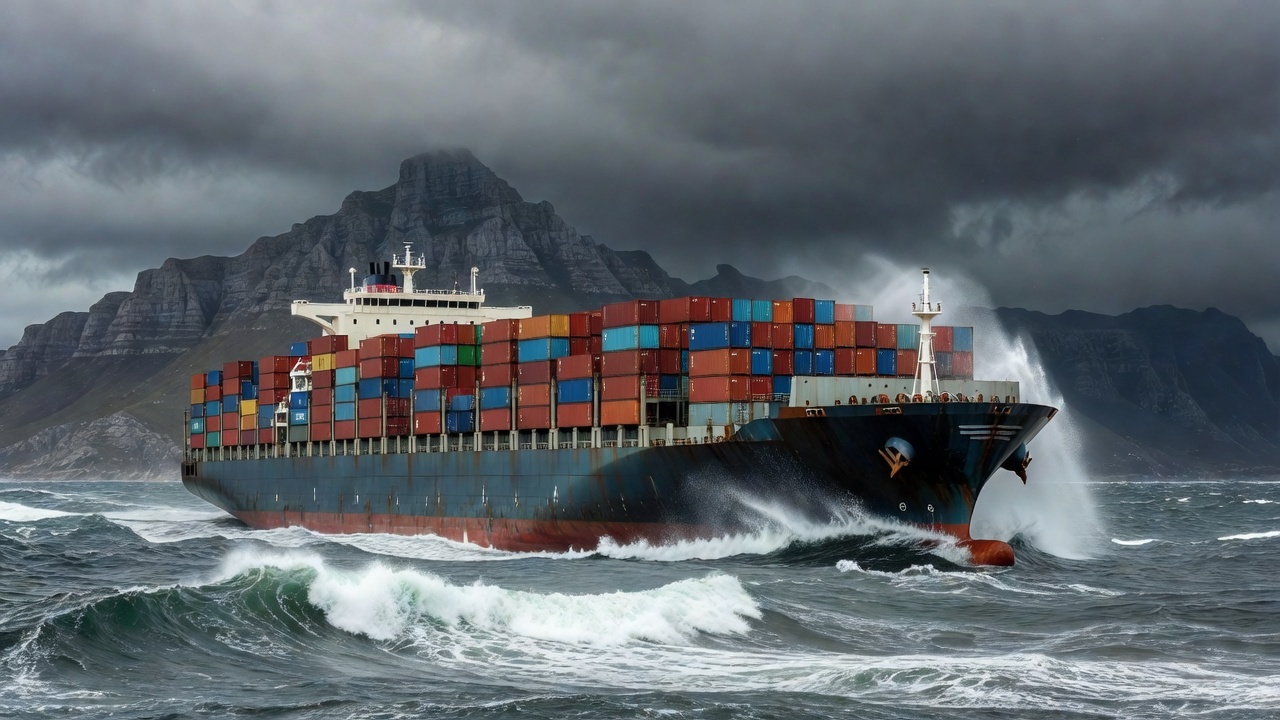 Container ship rounding the Cape of Good Hope